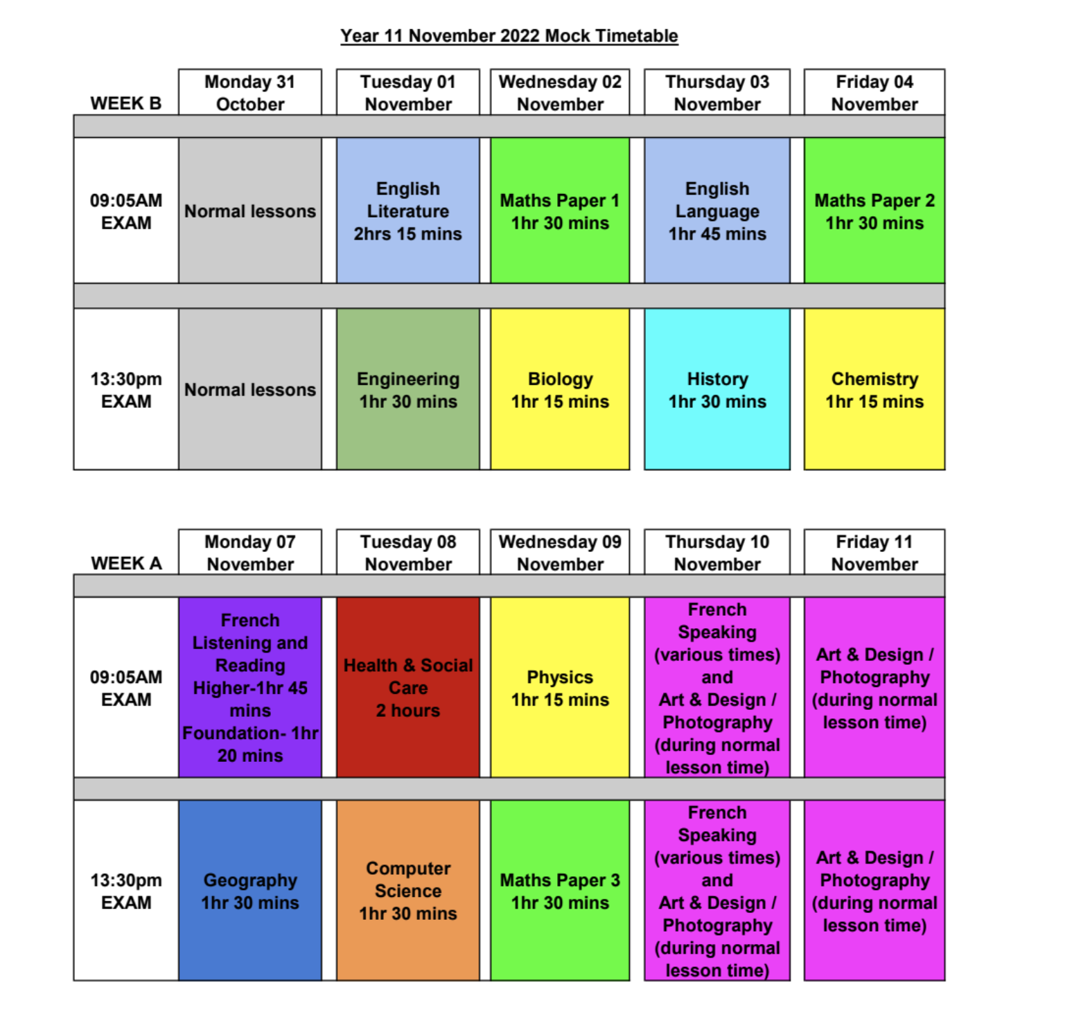 Mock Timetable
